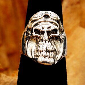 Vintage Goggled Skull Biker Aviation Scary Silver Tone Ring Size 8.5